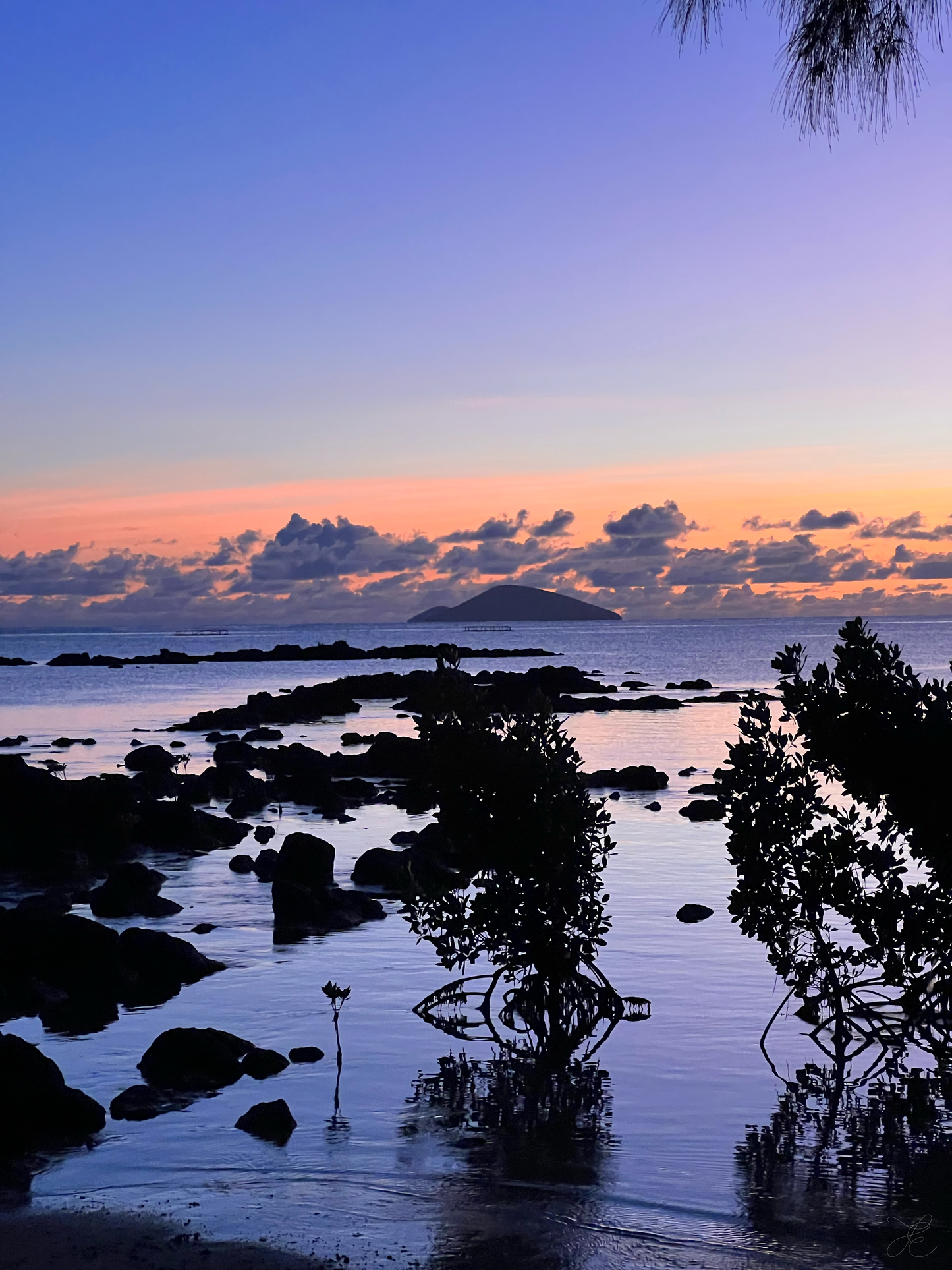 Hues of purples, lilac and faint blues with hints of remaining pinks and oranges skimming the horizon. Dark rocks create stepping stones into the calm purple waters over to the island out at sea, while foliage in the foreground adds texture and depth.