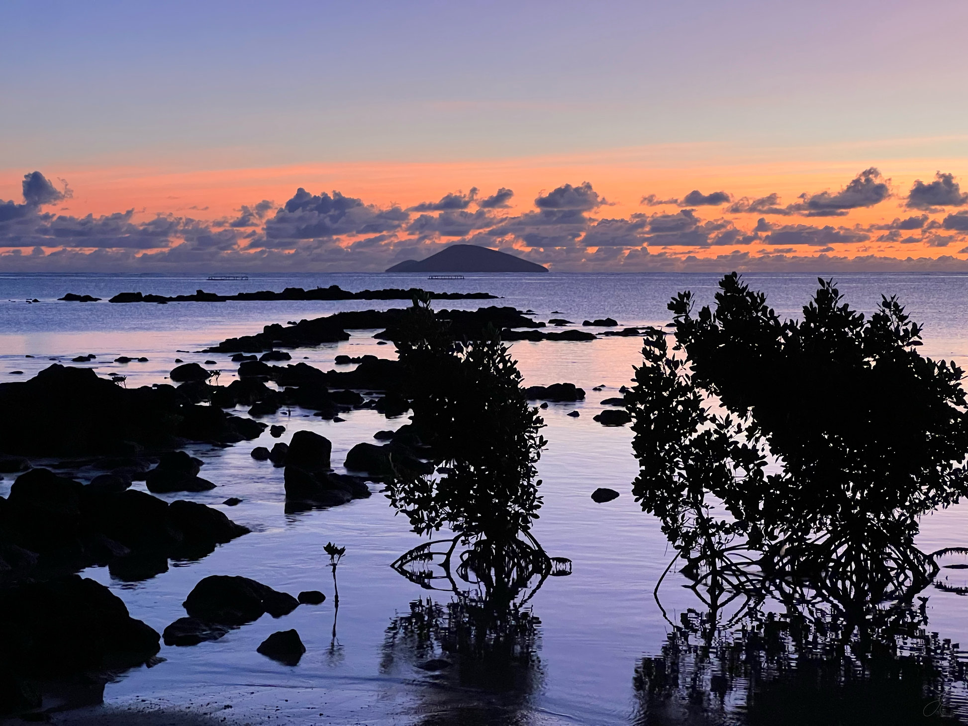 Hues of purples, lilac and faint blues with hints of remaining pinks and oranges skimming the horizon. Dark rocks create stepping stones into the calm purple waters over to the island out at sea, while foliage in the foreground adds texture and depth.