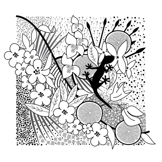 A black and white  tropical pattern.  The pattern consists of palm tree leaves, tropical flowers, circular grapefruits slices  with patterns created from parts of flowers in the background.  The central focal point is a gecko in solid black sat amongst the detail.