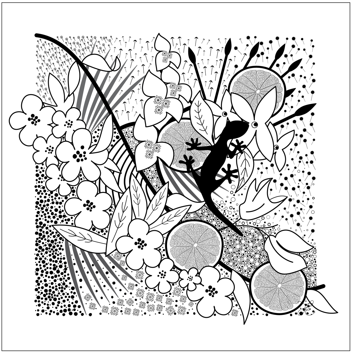A black and white  tropical pattern.  The pattern consists of palm tree leaves, tropical flowers, circular grapefruits slices  with patterns created from parts of flowers in the background.  The central focal point is a gecko in solid black sat amongst the detail.