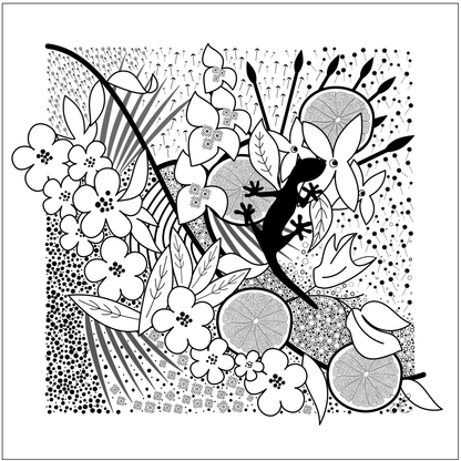 A black and white  tropical pattern.  The pattern consists of palm tree leaves, tropical flowers, circular grapefruits slices  with patterns created from parts of flowers in the background.  The central focal point is a gecko in solid black sat amongst the detail.