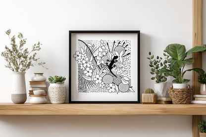 A black and white  tropical pattern.  The pattern consists of palm tree leaves, tropical flowers, circular grapefruits slices  with patterns created from parts of flowers in the background.  The central focal point is a gecko in solid black sat amongst the detail. This print is set in a black frame sat on a light wooden shelve with vases, ornaments and plants in plant pots on either side. 
